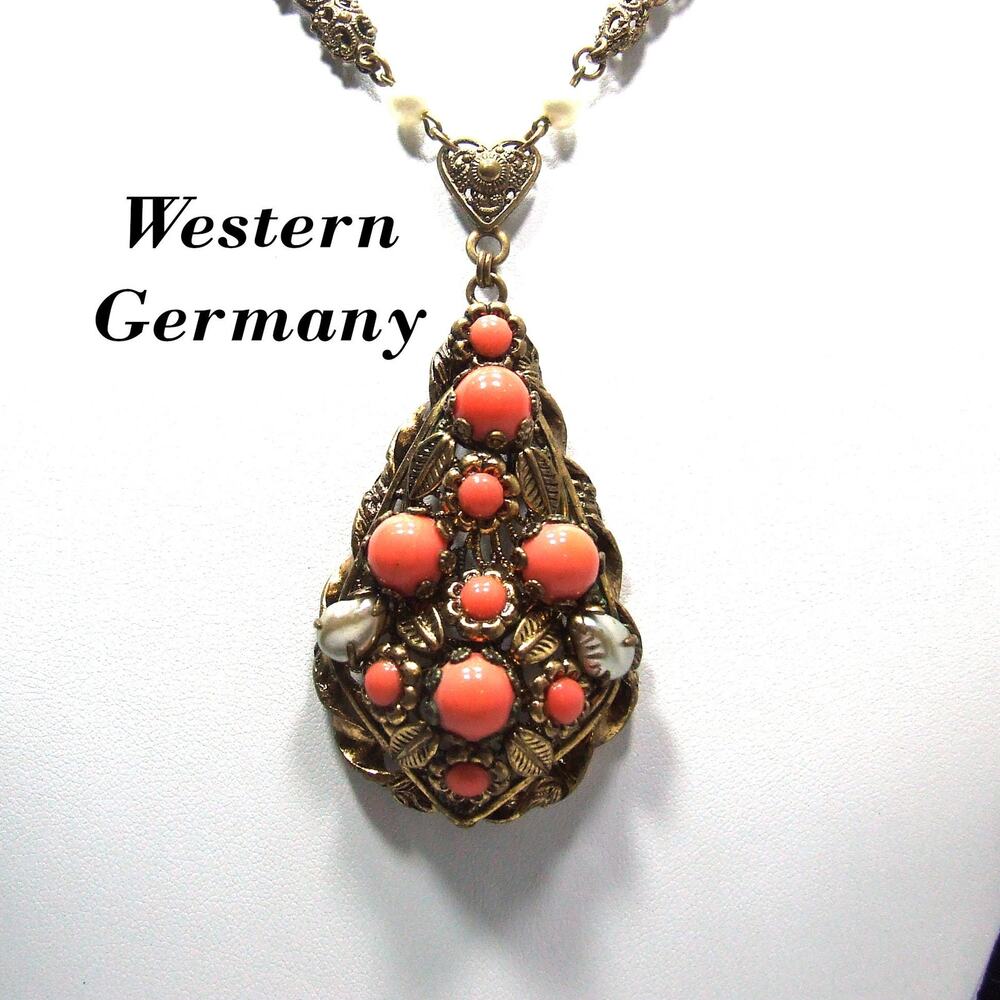 West Germany Orange Cabochon Glass Rhinestone Necklace, Faux Pearls, Vintage